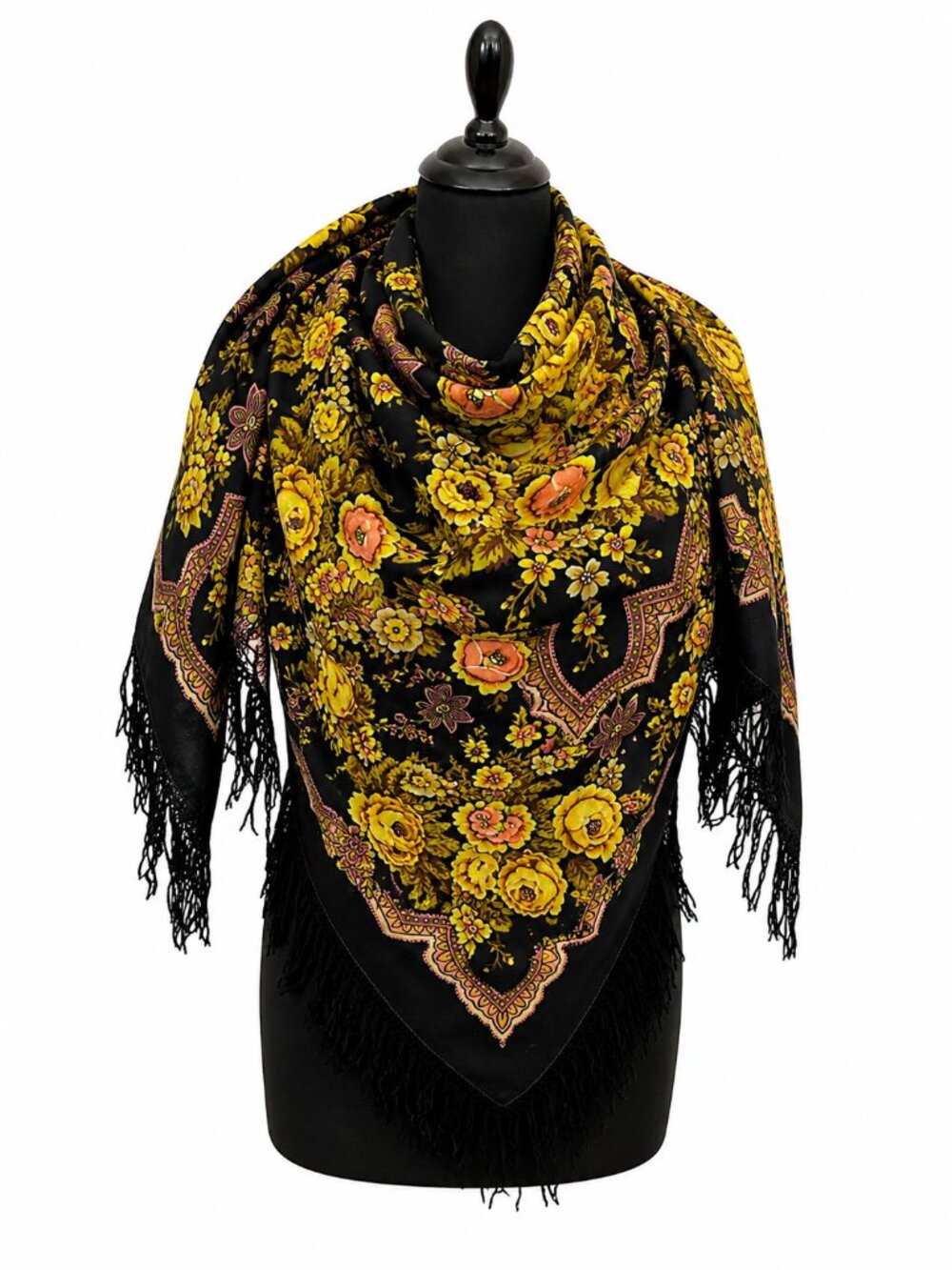 Vintage Pavlovo Posad Pure Wool Shawl 142 x 142 cm Black Floral Fringe Wrap